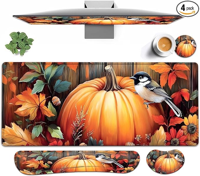 Large Mouse pad and Keyboard Support Set Ergonomic Memory Foam Keyboard Wrist Rest Extended Gaming Mouse Pad with Stitched Edges Fall Pumpkins and Bird XXL Desk Mat (31.5 X 11.8 in)
