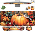Large Mouse pad and Keyboard Support Set Ergonomic Memory Foam Keyboard Wrist Rest Extended Gaming Mouse Pad with Stitched Edges Fall Pumpkins and Bird XXL Desk Mat (31.5 X 11.8 in)