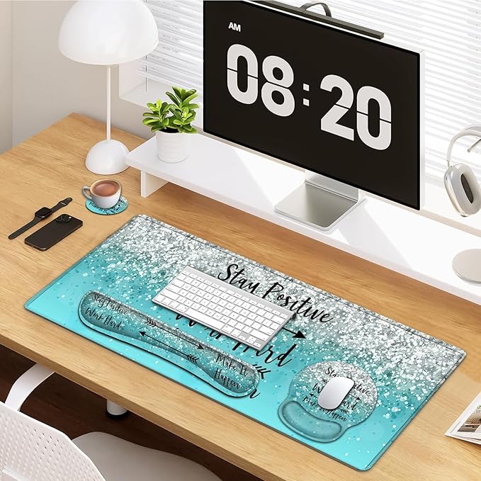 Large Mouse Pad Ergonomic Mouse Pad with Wrist Rest and Keyboard Wrist Rest 4 in 1 Set 31.5 x11.8 inch Extended Desk Pad for Home Office Work Hard Inspirational Blue Gradient XXL Gaming Mouse Mat