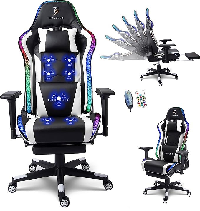 TBQATNTS Massage Gaming Chair with Speakers Ergonomic Pro Gaming Chair with Headrest and Lumbar SupportReclining Computer Chair with Footrest and RGB LightsVideo Game Chair for Adults Kids.White