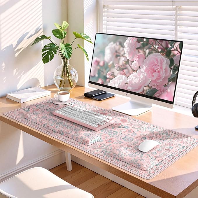 iLeadon Desk Matt for Desktop Non Slip Base Ergonomic Mouse Pad with Wrist Rest Wrist Pad for Keyboard Gaming Mouse Pad Large Anti-Fatigue Desk Mat with Wrist Support (Pink)