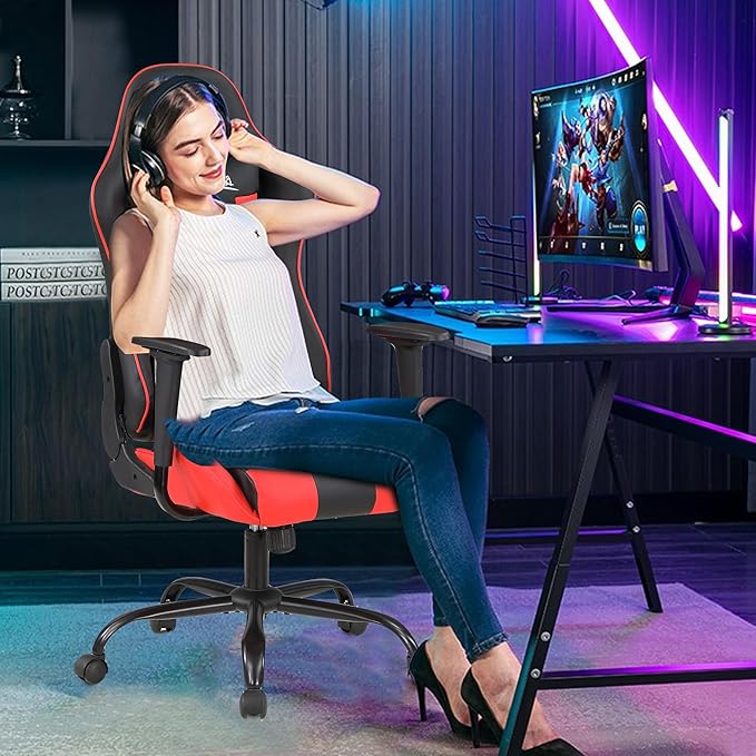 PayLessHere Gaming Chair Ergonomic Office Chair with Lumbar Support Headrest Armrests Rolling Swivel Functionality and Adjustable Features for PC Gamer (Red)