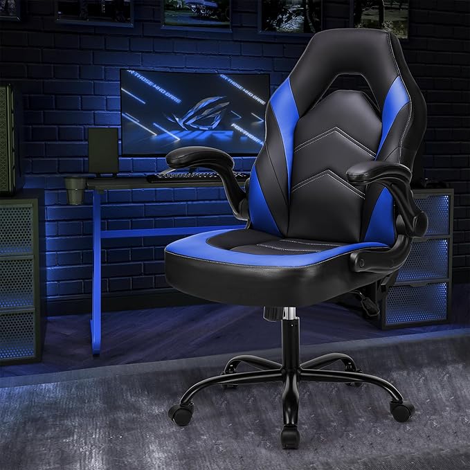 OLIXIS Computer Gaming Chair - PU Leather Ergonomic Lumbar Support with Flip-up Armrest and 360° Swivel Wheels Height Adjustable Task Home Office Desk Video Racing Blue
