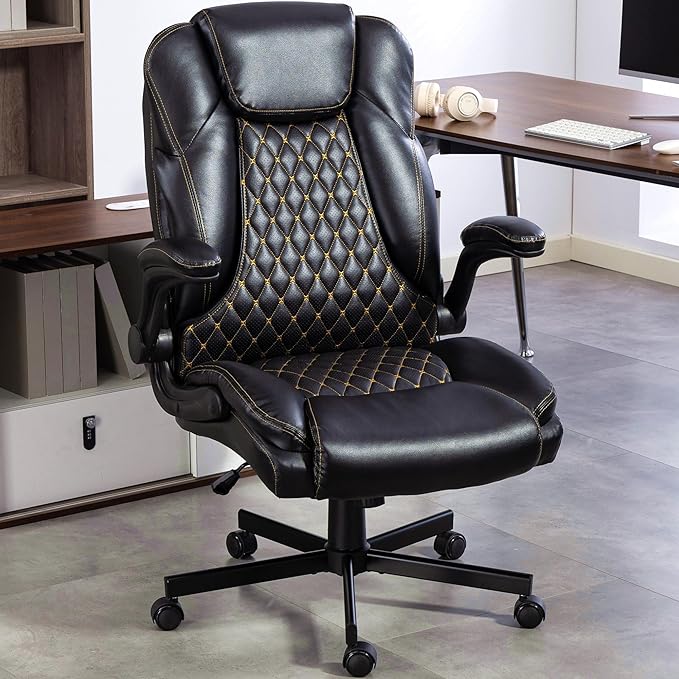 Big and Tall Heavy Duty Office Chair with Flip Up Arms – 450LBS Ergonomic Executive Home Desk Chair w/Wide Seat High Back PU Leather Adjustable Height &amp Rocking Function Black