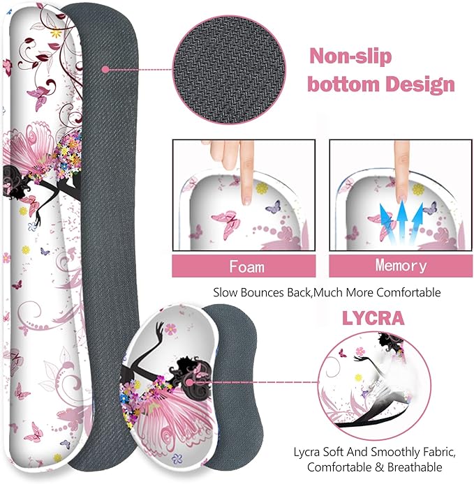 ARTSO Extended Gaming Mouse Pad Set Keyboard Wrist Rest Support Pad + Wrist Cushion + XXL Large Mouse Pad + Coaster Stitched Edge Non-Slip Memory Foam Desk Mat Pink Butterfly Girl