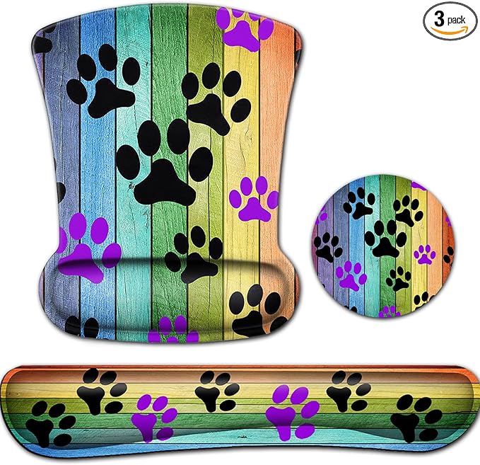 Mouse Pad with Wrist Support Memory Foam Keyboard Wrist Rest Rustic Rainbow Woodgrain Black and Purple Dog Paw Personality Desings Gaming Mousepad Office Easy Typing Games to Relieve Fatigue Non-Slip