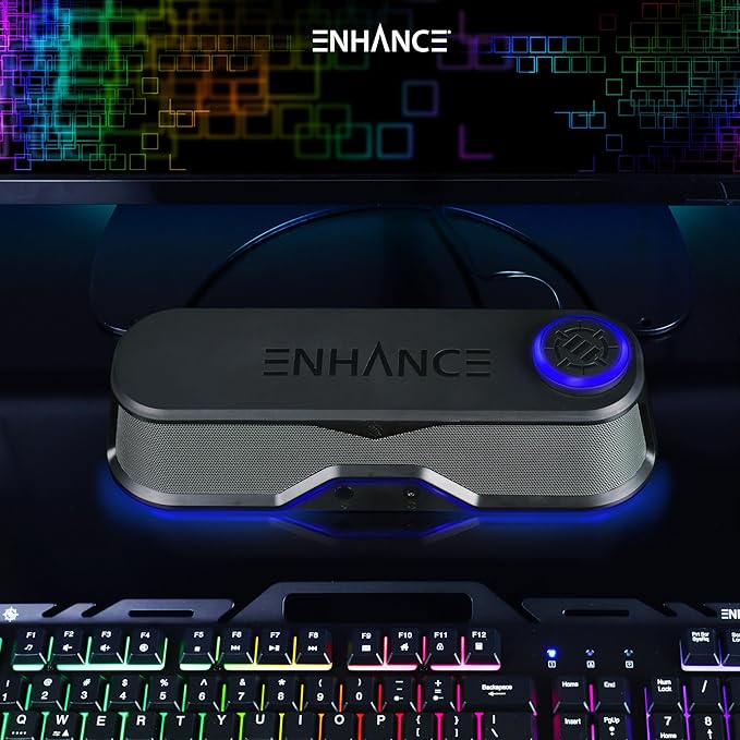 ENHANCE SB1 Computer Speakers High Excursion Soundbar - USB Powered Computer Sound Bar Under Monitor Speaker with 10W Peak LED Volume Control Knob Headset Pass Through Gaming Soundbar for PC