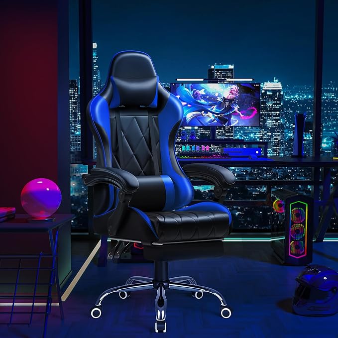 Shahoo Gaming Chair with Footrest and Massage Lumbar Support Computer Game Chairs Ergonomic Office Seat Height Adjustable with Headrest Blue