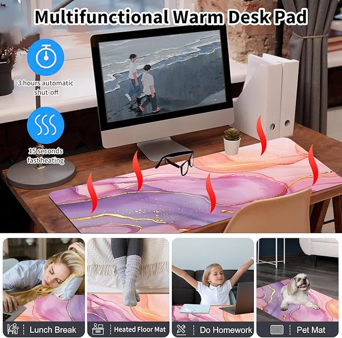 Warm Desk PadHeated Desk PadOffice Mat3 Heating Levels &amp 3 Hours Auto Shut-Off31.5*13 Gaming Mouse Laptop Keyboard Leather Desk MatPink Golden Marble