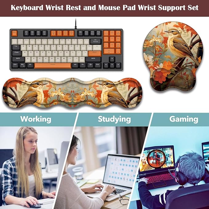 Keyboard Wrist Rest and Mouse Pad Wrist Support with Lace-Shaped Coaster Set Ergonomic Gel Memory Foam and Anti-Slip Base Easy Typing and Pain Relief - Larks Among Flowers
