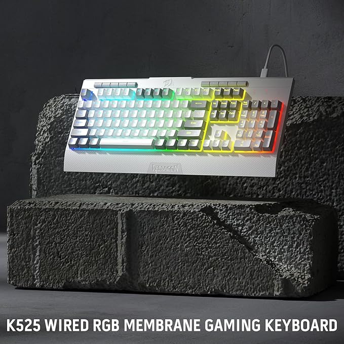 Redragon K525 RGB Backlit 104 Keys Wired Membrane Gaming Keyboard w/ 5 Multimedia Keys &amp 4 Extra On-Board Macro Keys Dedicated Media Control Ergonomic Wrist Rest Linear Mechanical-Feel Switch