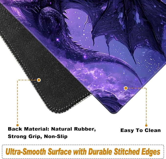 Desk Pad Large Game Mouse Pad + Small Mouse Pad + Wrist RestErgonomic Mouse PadTable Mat with Stitched EdgeAnti-SlipMemory Foam Desk Mat for Home Office Gaming(23.6×11.8in)Purple Dragon