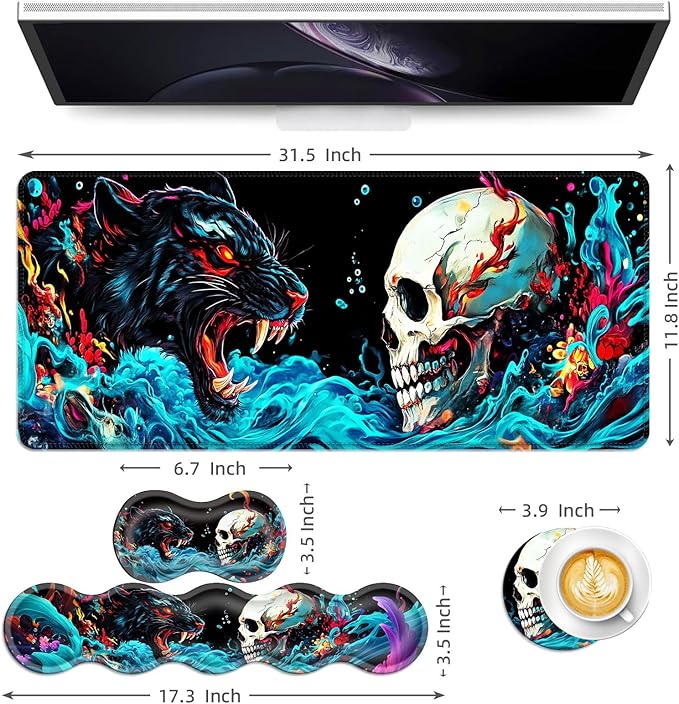Keyboard Mouse Pad Set Extended Gaming Mouse Pad+Ergonomics Keyboard Wrist Rest Support Memory Foam Easy Typing Pain Relief 4Pcs XL Ultra Thick Desk MatNeon Leopard and Skull