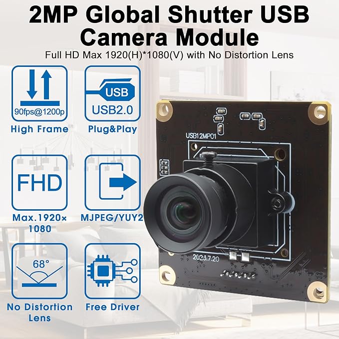 MMlove 1200P 90fps Global Shutter USB Camera Module High Speed Webcam 68° Viewing Angle 2MP lightburn Camera PC Webcam Board for VR Face Recognition StreamingPC/Laptop/Raspberry Pi