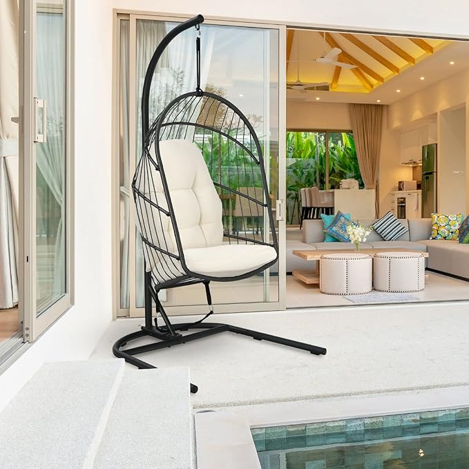 Office Chair Gaming Chair Computer Chair Hanging Wicker Egg Chair w/Stand Cushion Foldable Outdoor Indoor Beige