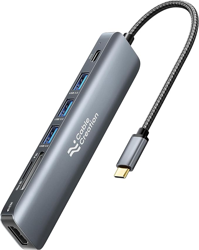USB C Hub Multiport Adapter CableCreation 7-in-1 USB C HDMI Hub with 4K 30Hz HDMI 100W PD 3 USB 3.0 5Gbps Data Ports SD/TF Cards Reader for MacBook Pro/Air iPad Pro Pixelbook XPS