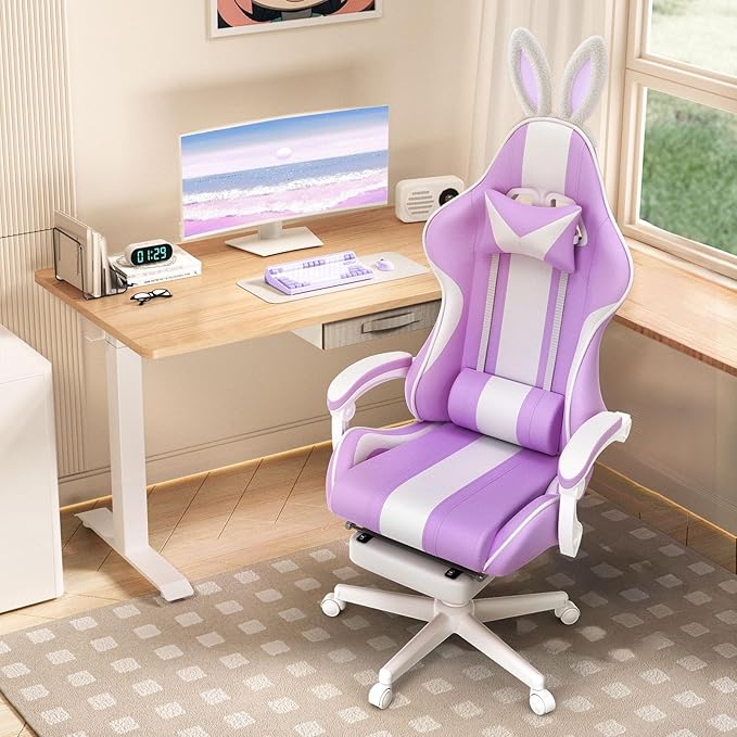 Ferghana Kawaii Light Purple Gaming Chair with Bunny Ears Ergonomic Cute Gamer Chair with Footrest and Massage Racing Reclining Leather Computer Game Chair for Girls Adults Teens Kids