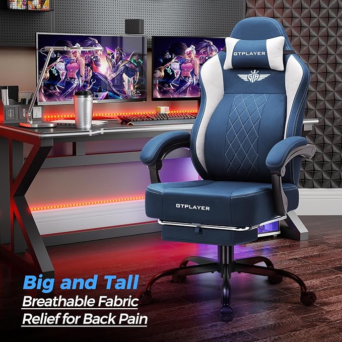 GTPLAYER Big and Tall Gaming Chair Breathable Fabric Computer Chair with Strong Lumbar Support Comfortable Office Chairs with Pocket Spring Cushion High Back Ergonomic Desk Chairs with Footrest