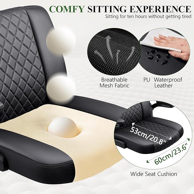 Criss Cross Office Chair with 2-in-1 Flip Backrest – Ergonomic PU Leather Floor Sitting Chair Adjustable Height 360° Swivel &amp Flip-Up Arms Extra-Wide Seat for Home Office Vanity Nail Salon-Bl