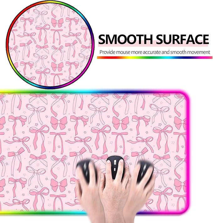 RGB Pretty Bow Girly Gaming Desk Mat Computer Keyboard Large Extended Long LED Mouse Pad for Office and Home XL (W24)