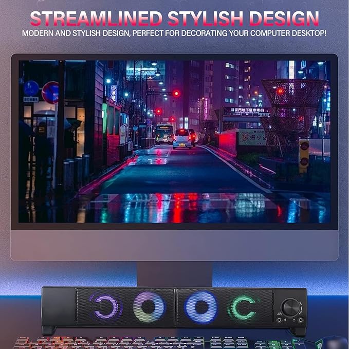 2-in-1 Wired Computer Speakers Designed for Desktop Devices USB Plug-and-Play RGB Lighting Wired Desktop Speakers