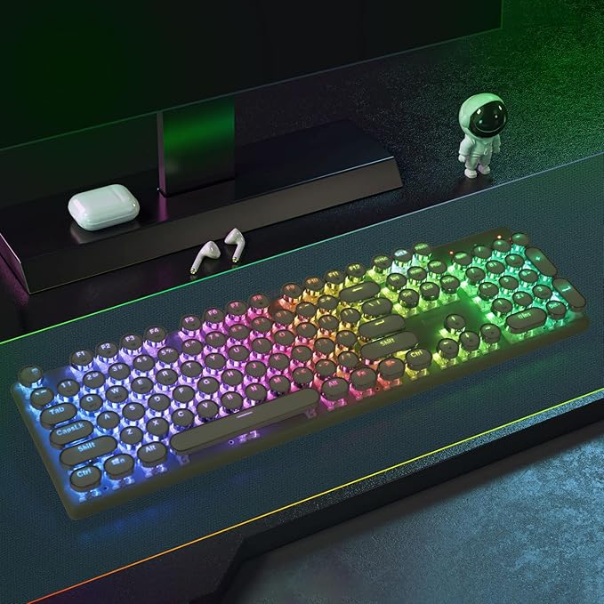 Redragon K710 Wireless Typewriter Mechanical Gaming Keyboard Bluetooth/2.4Ghz/Wired RGB Led Backlit Blue Switch - Clicky Rechargeable Solid Metal Panel Round Keycaps Green