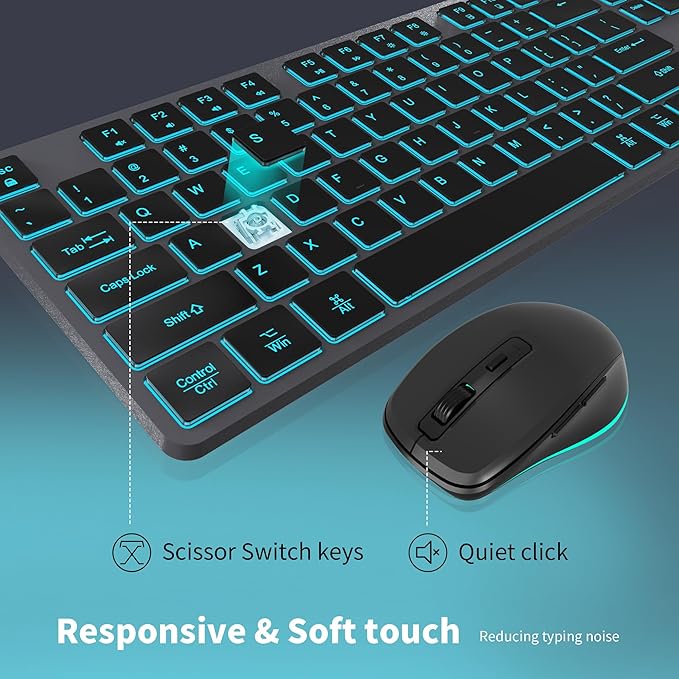 Quiet Wireless Keyboard and Mouse Backlit Rechargeable Silent Flat Keyboard Mouse Combo Jiggle Mouse 2.4GHz Cordless Slim Keyboard Mouse for Mac Windows PC Computer Laptop Desktop (Space Gray)