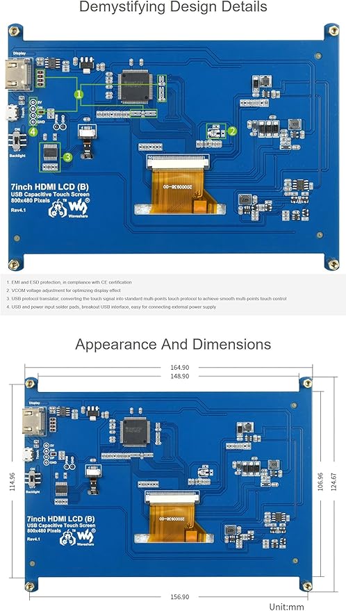 7inch Capacitive Touch Screen LCD for Raspberry Pi 4B/3B+ Banana Pi etc. 800×480 Resolution HDMI for Windows 11/10 / 8.1/8 / 7 (7inch HDMI LCD (B))