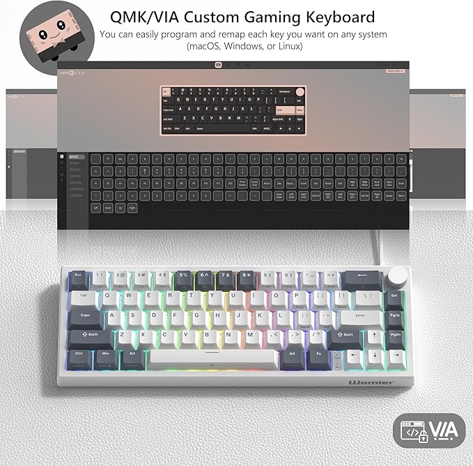 Womier VK66 PRO 60% Gaming Keyboard Wired QMK/VIA Creamy Mechanical Keyboard Hot Swappable Gasket Mount RGB Key Board &amp Translucent Keycaps (White)