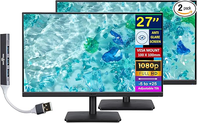 acer 27 FHD IPS Monitor with 4ms Response Time Anti Glare VESA Mount (100mm) HDMI VGA &amp Dockztorm USB Port Expander Black Color 2 Pack