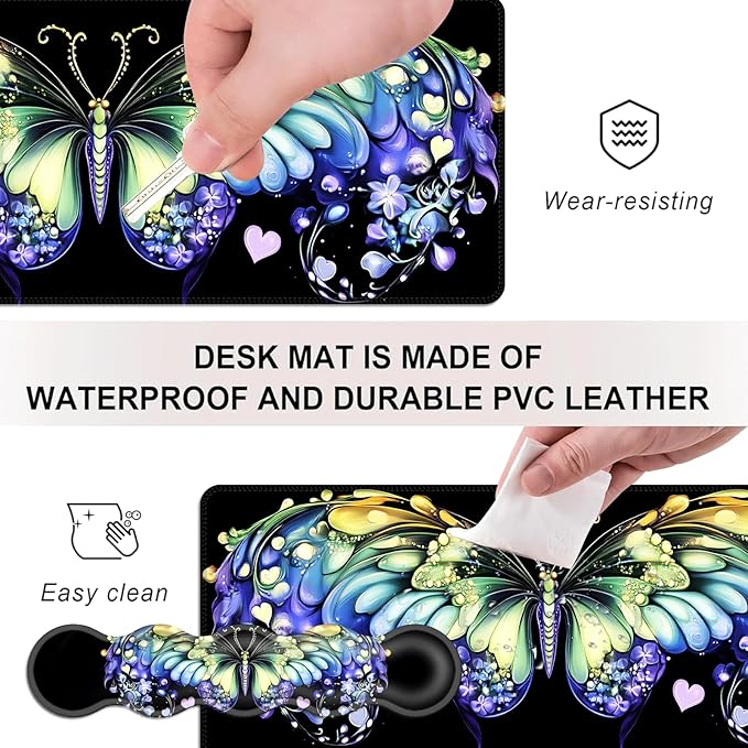 Mouse PadLarge Desk Mat Set 4in1 XL Mousepad + Keyboard Wrist Rest+Mouse Wrist Rest+Coaster with Ergonomic Desk Pad for Home Office Table Computer Cover -Fantasy Butterfly