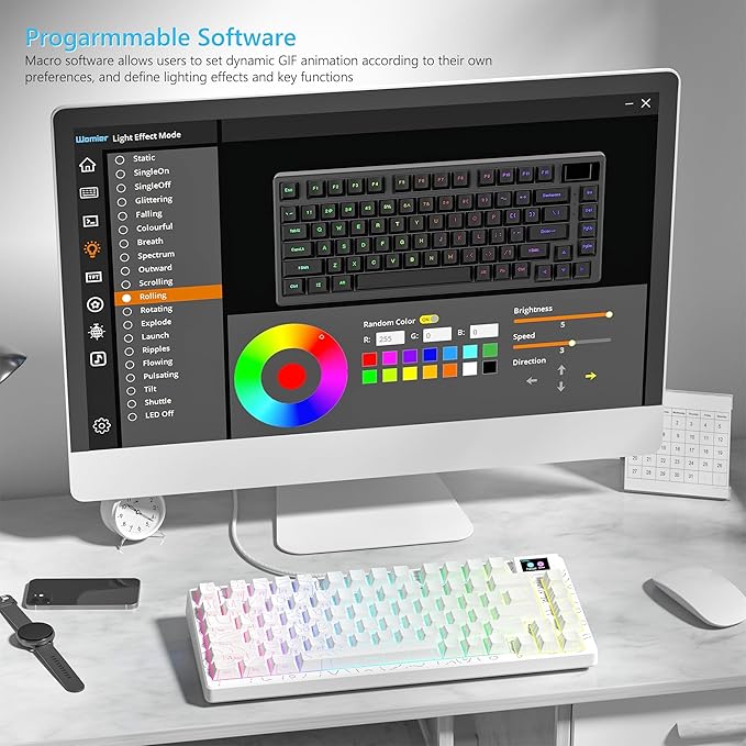 Womier SK80 75% Percent Keyboard Gaming with Color Multimedia Display Mechanical Keyboard Topographic Hot Swappable Gasket Mount RGB Creamy Key Board Pre-lubed POM Switch for Mac/WinWhite