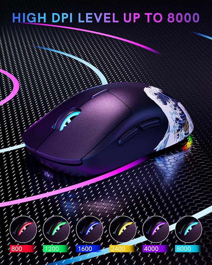 G57 Wireless Gaming Mouse 8000 DPI 80g 2.4G/Bluetooth/USB-C Rechargeable Wireless Mouse with 5 Programmable Buttons for PC/Mac Black