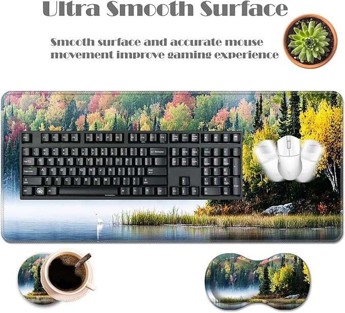 Ergonomic Keyboard Wrist Rest &amp Mouse Pad Wrist Rest SetXL Gaming Desk Mat 31.5x 11.8Non-Slip BaseMemory FoamEasy Typing Pain Relief for Office &amp HomeBird on Lake with Forest
