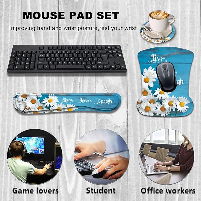 Keyboard Wrist Rest and Mouse Wrist Rest Pad with CoasterMade of Memory FoamErgonomic SupportEasy Typing &amp Pain Relieffor Home Office Working StudyingDaisy Flowers Quote Live Love Laugh
