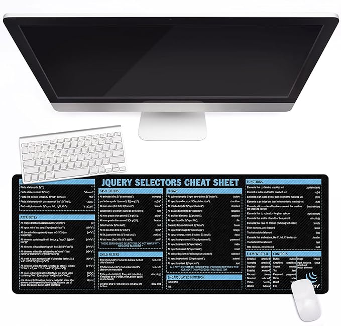 jQuery Selectors Cheat Sheet Mouse Mat KMH Mouse Pad for Web Developers JavaScript Learners Coder Computer jQuery Large Desk Mat Essential Computer Accessories for Study Work and Reference Purposes