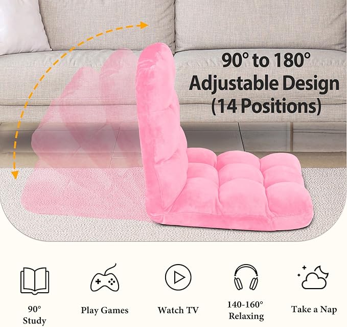 14-Position Adjustable Floor Gaming Chair Foldable Memory Foam Armless Sofa Seat Couch Recliner with Comfy Back Support for Working Meditation Reading Pink