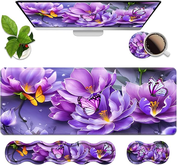 4 in 1 Ergonomic Memory Foam Mouse Pad Wrist Rest Set Large XXL Gaming Desk Pad + Keyboard Wrist Rest + Mouse Wrist Cushion + Coaster for Home Office Study Gaming Purple Flowers and Butterfly