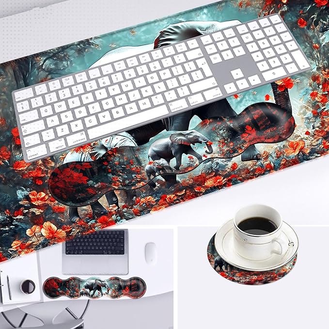 Large Mouse Pad and Keyboard Wrist Rest Desk Pad for Keyboard and Mouse 4-in-1 Large Gaming Mouse Pad with Wrist Support Desk Mat for Home Office Study GameFloral Elephant