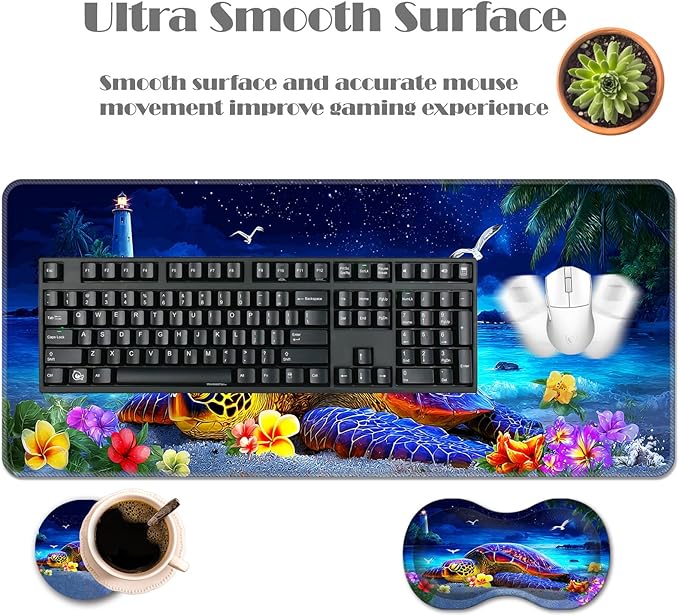 Ergonomic Keyboard Wrist Rest &amp Mouse Pad Wrist Rest SetXL Gaming Desk Mat 31.5x 11.8Non-Slip BaseMemory FoamEasy Typing Pain Relief for Office &amp HomeSea Turtle on Starry Beach