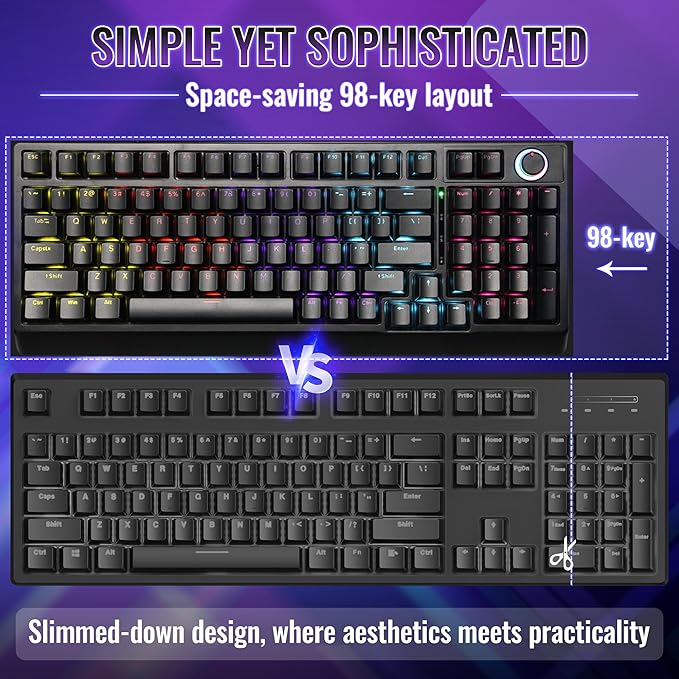 Mechanical Gaming Keyboard with Red Switches: 98 Keys PC Gaming Keyboard with BacklitMulti-Function Volume &amp Lighting KnobAnti-Ghosting Wired USB keybaord for Elite PC/Mac Gamers