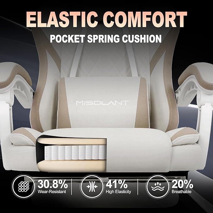 Misolant Gaming Chair Fabric Gamer Chair with footrest for Adults High Back Ergonomic Computer Game Chair with Adjustable Headrest and Massage Lumbar Support 90-155° Recline Free Beige