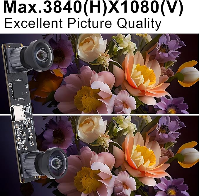 60fps USB Camera 4MP Synchronization Webcam Module with 120Degree No Distortion Dual Lens 3840X1080P 3D Stereo Webcam for PC Computer Cam for Face Recognition VR Biometric Detection