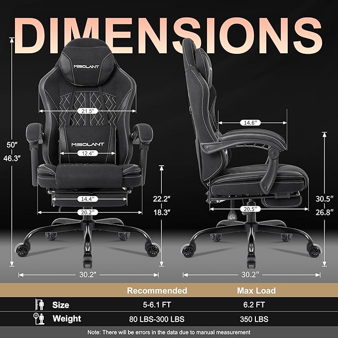 Misolant Gaming Chair Fabric Gamer Chair with footrest for Adults High Back Ergonomic Computer Game Chair with Adjustable Headrest and Massage Lumbar Support 90-155° Recline FreeBlack