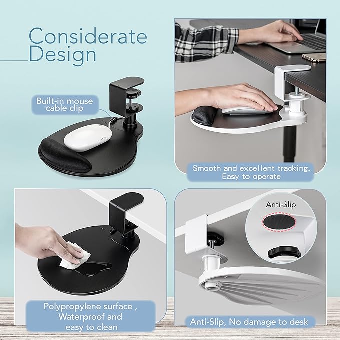 EHO Clamp on Mouse Platform Clip on Pad Rotating 360 Degree w/Comfortable Gel Wrist Rest Ergonomic Attachment Slide Out Tray Suitable for 1.5 Thickness Desk for Home Office Desk Organizer