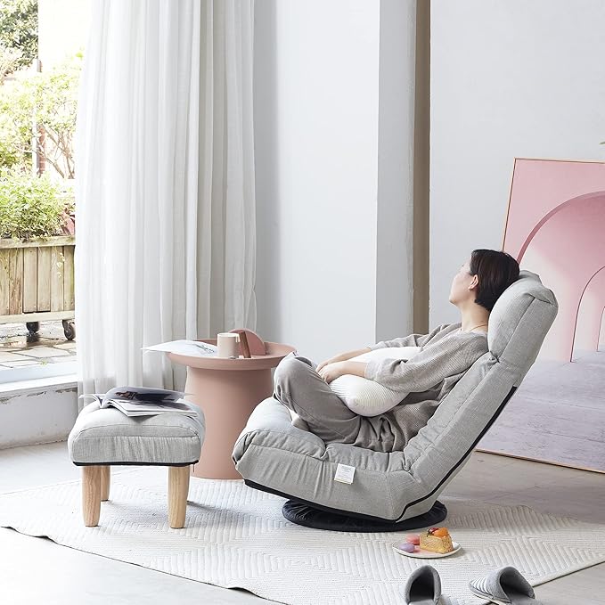Henf Floor Gaming Chair with footrest 360 Degree Swivel Sofa Reclining Chair Lazy Sofa Tatami Leisure Sofa Adjustable 3-Position Floor Chair Folding Sofa Lounger Beige