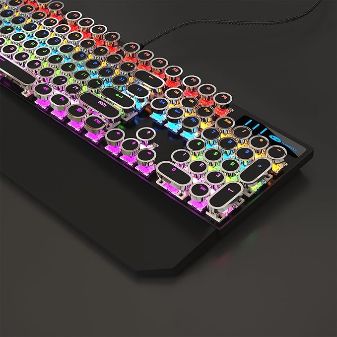 MageGee Typewriter Mechanical Gaming Keyboard Retro Black Punk Round Keycaps RGB Rainbow Backlit Wired Keyboards for Laptop MAC PC Gamer with Magnetic Wrist Rest - Blue Switch
