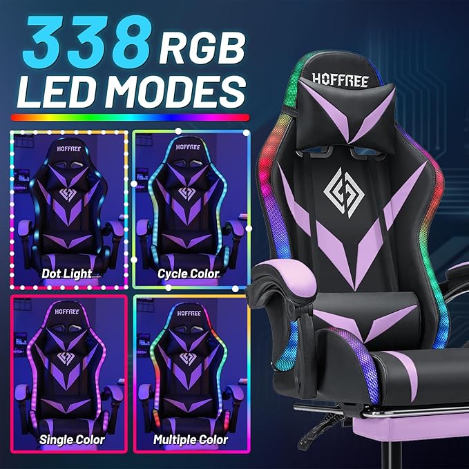 HOFFREE Gaming Chair Massage with Bluetooth Speakers and Led Lights Ergonomic Computer Gaming Chair with Footrest RGB Video Game Chair with High Back Lumbar Support Purple and Black