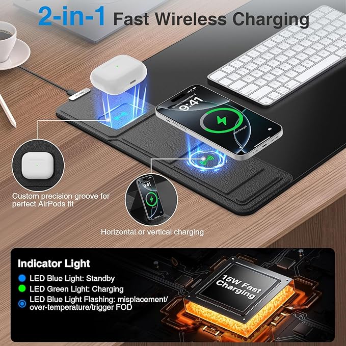 Wireless Charging Mouse Pad with Foldable Phone Holder 31.5x15.8 Large Desk Mat for Laptop/Keyboard Waterproof Ultra-Smooth Surface Non-Slip Base Black