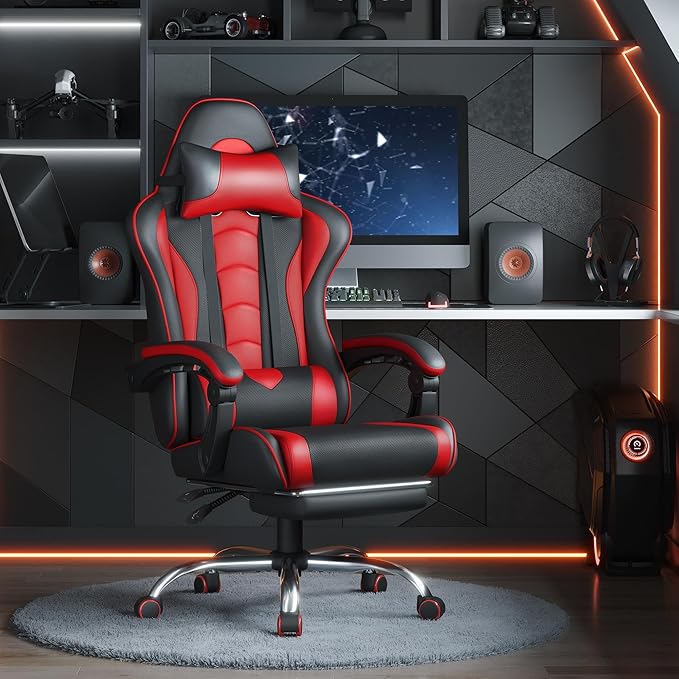 Yaheetech Gaming Chair Video Game Chair with Massage Lumbar Support and Footrest Height Adjustable Ergonomic Computer Chair with Swivel Seat and Headrest Black/Red